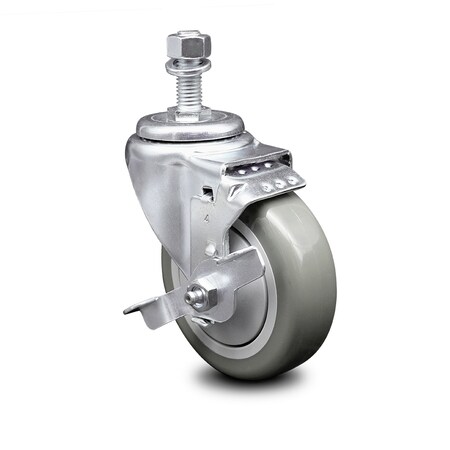 4 Inch Gray Polyurethane Wheel Swivel ½ Inch Threaded Stem Caster With Brake
